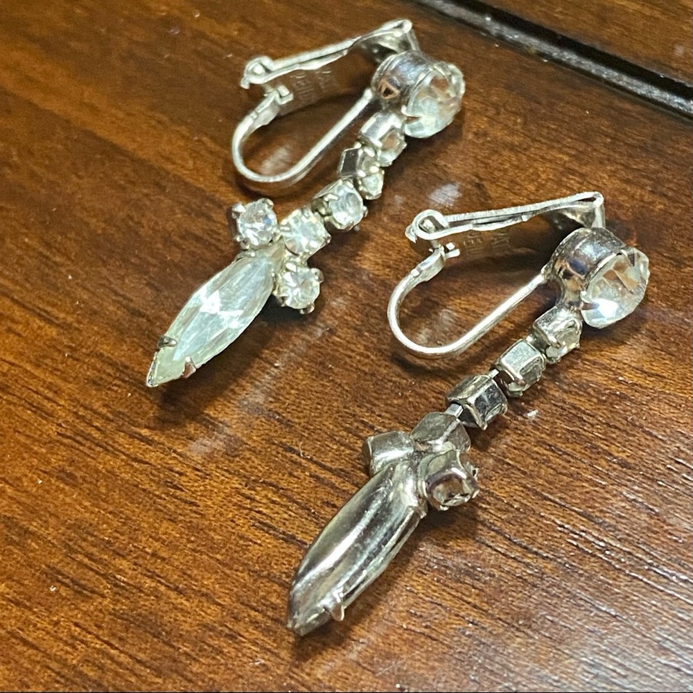Vintage Silver Crystal Drop Clip On Earrings